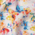 White Pure Linen Floral Printed Fabric with Multicolor Blue, Yellow, and Orange Blossom Design, 140 cms Width, Made in India
-D25080