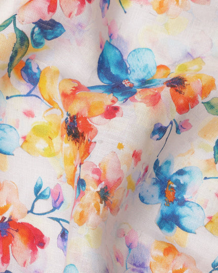 White Pure Linen Floral Printed Fabric with Multicolor Blue, Yellow, and Orange Blossom Design, 140 cms Width, Made in India
-D25080