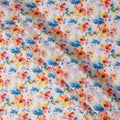 White Pure Linen Floral Printed Fabric with Multicolor Blue, Yellow, and Orange Blossom Design, 140 cms Width, Made in India
-D25080