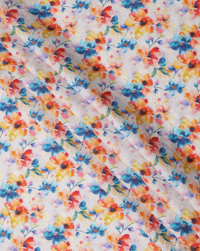 White Pure Linen Floral Printed Fabric with Multicolor Blue, Yellow, and Orange Blossom Design, 140 cms Width, Made in India
-D25080