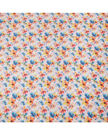 White Pure Linen Floral Printed Fabric with Multicolor Blue, Yellow, and Orange Blossom Design, 140 cms Width, Made in India
-D25080