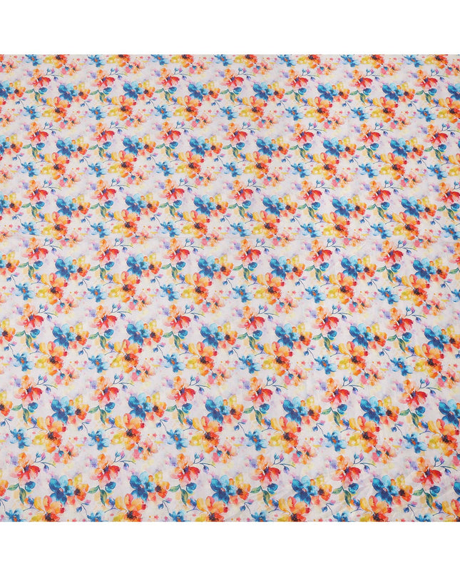 White Pure Linen Floral Printed Fabric with Multicolor Blue, Yellow, and Orange Blossom Design, 140 cms Width, Made in India
-D25080