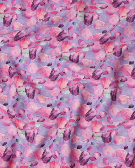 Lavender Pure Linen Floral Printed Fabric with Pink and Purple Abstract Blossom Design, 140 cms Width, Made in India-D25071