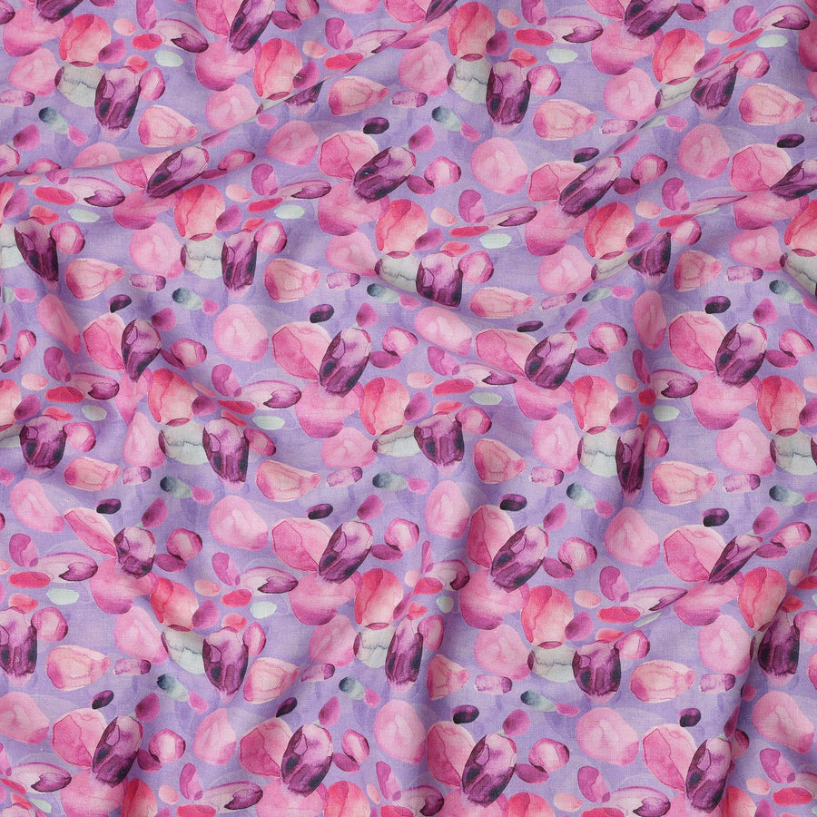 Lavender Pure Linen Floral Printed Fabric with Pink and Purple Abstract Blossom Design, 140 cms Width, Made in India-D25071