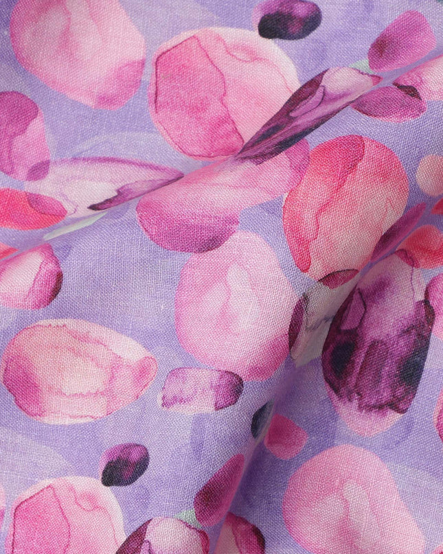 Lavender Pure Linen Floral Printed Fabric with Pink and Purple Abstract Blossom Design, 140 cms Width, Made in India-D25071