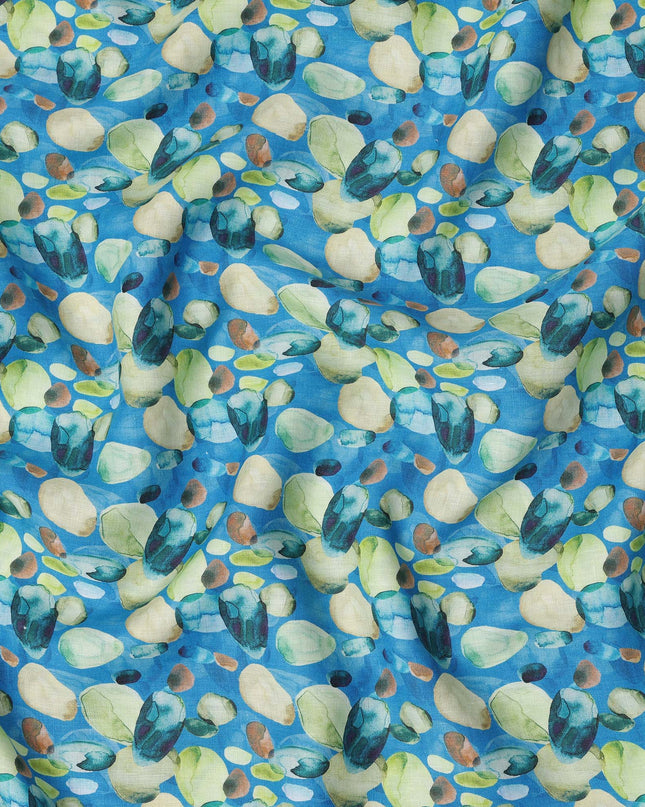 Blue Pure Linen Abstract Floral Printed Fabric with Green and Beige Multicolor Design, 140 cms Width, Made in India-D25073