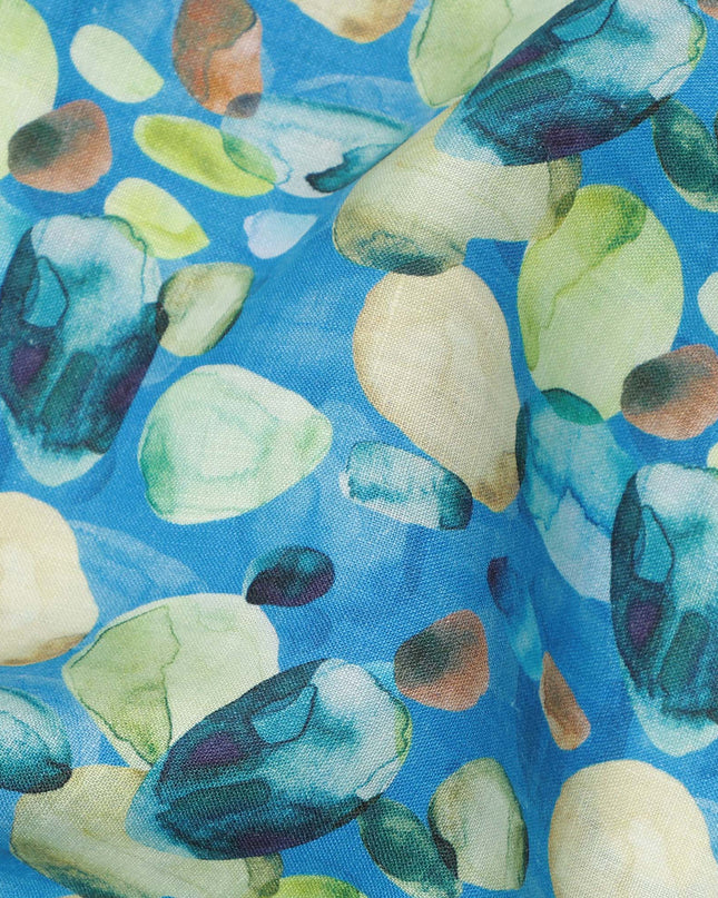 Blue Pure Linen Abstract Floral Printed Fabric with Green and Beige Multicolor Design, 140 cms Width, Made in India-D25073