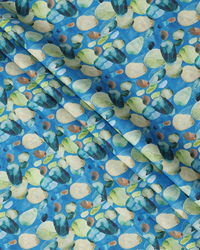 Blue Pure Linen Abstract Floral Printed Fabric with Green and Beige Multicolor Design, 140 cms Width, Made in India-D25073