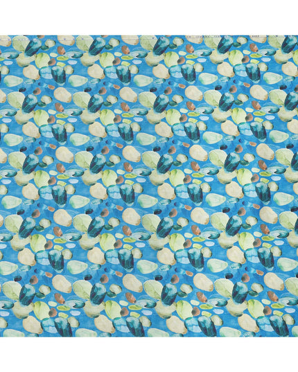 قماش كتان أزرق خالص مطبوع عليه زهور تجريدية بتصميم متعدد الألوان الأخضر والبيج، عرض 140 سم، صنع في الهند - D25073