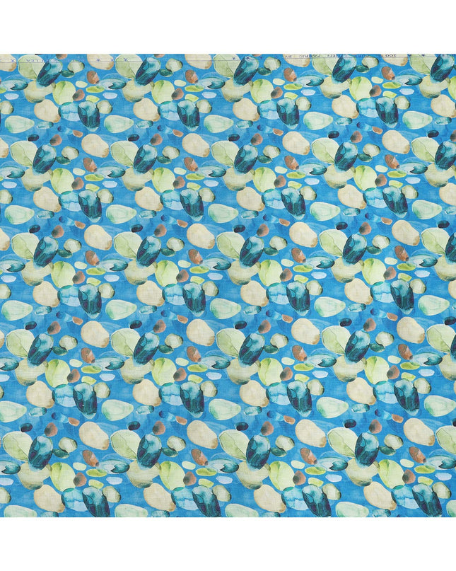 Blue Pure Linen Abstract Floral Printed Fabric with Green and Beige Multicolor Design, 140 cms Width, Made in India-D25073