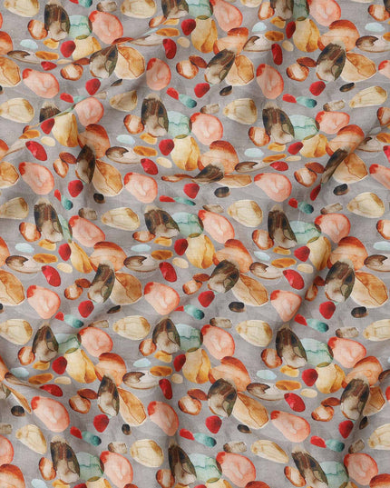 قماش كتان رمادي خالص مطبوع عليه زهور تجريدية بتصميم متعدد الألوان بلمسات حمراء وبرتقالية وسوداء، عرض 140 سم، صنع في الهند - D25072