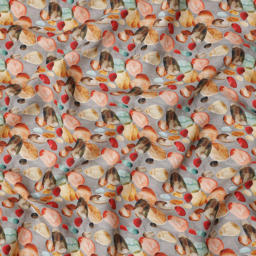 قماش كتان رمادي خالص مطبوع عليه زهور تجريدية بتصميم متعدد الألوان بلمسات حمراء وبرتقالية وسوداء، عرض 140 سم، صنع في الهند - D25072