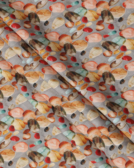 قماش كتان رمادي خالص مطبوع عليه زهور تجريدية بتصميم متعدد الألوان بلمسات حمراء وبرتقالية وسوداء، عرض 140 سم، صنع في الهند - D25072