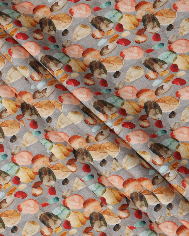 Grey Pure Linen Abstract Floral Printed Fabric with Multicolor Design in Red, Orange, and Black Accents, 140 cms Width, Made in India-D25072