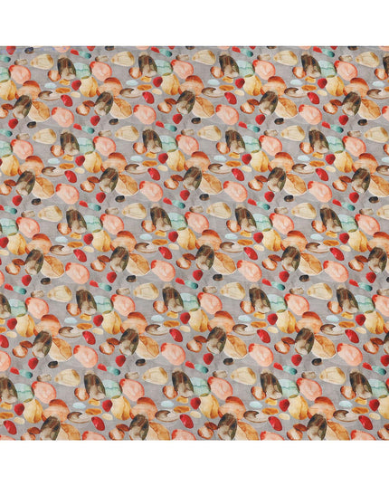 قماش كتان رمادي خالص مطبوع عليه زهور تجريدية بتصميم متعدد الألوان بلمسات حمراء وبرتقالية وسوداء، عرض 140 سم، صنع في الهند - D25072