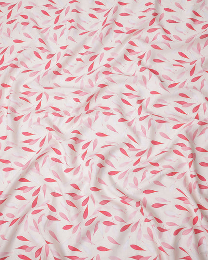 قماش كتان أبيض نقي مطبوع عليه أوراق الشجر بتصميم تجريدي باللونين الأحمر والوردي، عرض 140 سم، صنع في الهند - D25075