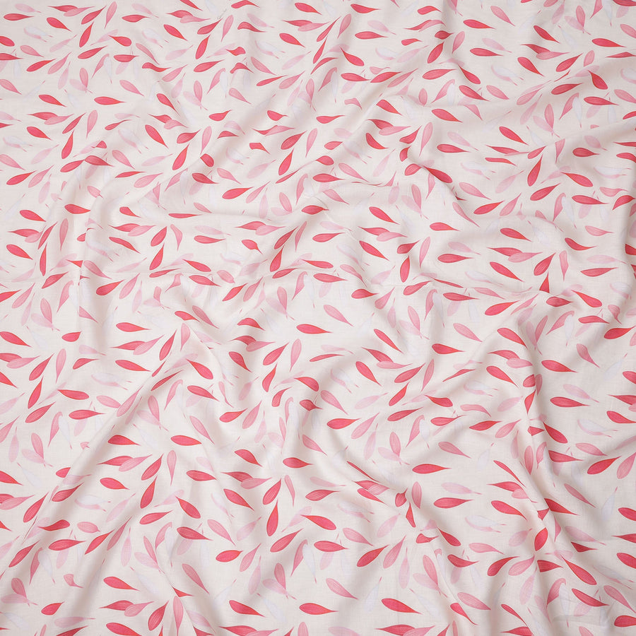 قماش كتان أبيض نقي مطبوع عليه أوراق الشجر بتصميم تجريدي باللونين الأحمر والوردي، عرض 140 سم، صنع في الهند - D25075