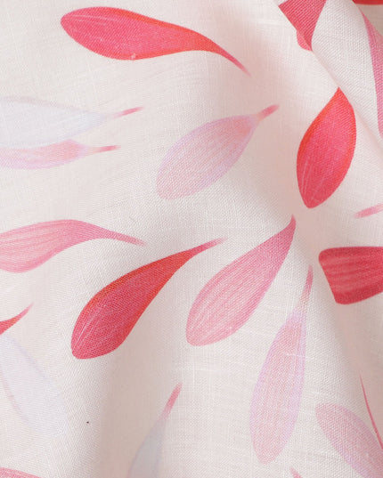 قماش كتان أبيض نقي مطبوع عليه أوراق الشجر بتصميم تجريدي باللونين الأحمر والوردي، عرض 140 سم، صنع في الهند - D25075