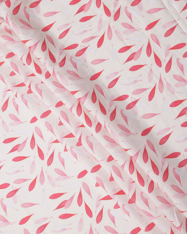 White Pure Linen Leaf Printed Fabric with Red and Pink Abstract Design, 140 cms Width, Made in India-D25075