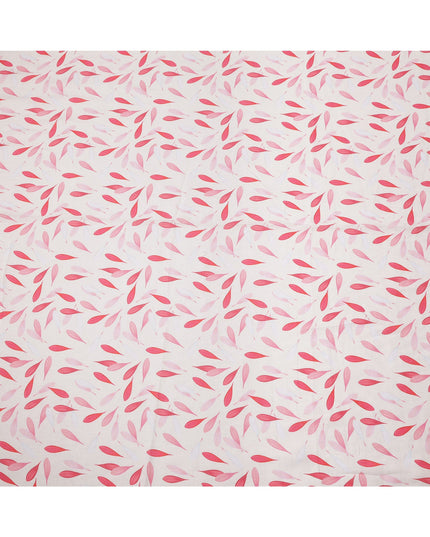 قماش كتان أبيض نقي مطبوع عليه أوراق الشجر بتصميم تجريدي باللونين الأحمر والوردي، عرض 140 سم، صنع في الهند - D25075