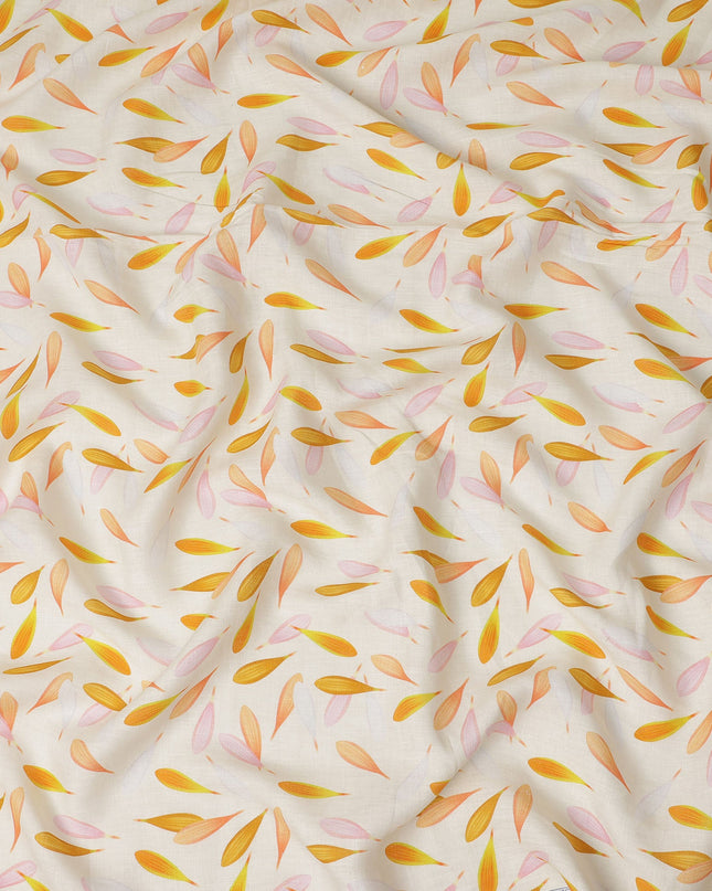 Cream Yellow Orange Petal Floral Scatter Print Pure Linen Fabric, Elegant Minimal Botanical Petal Printed Linen Material for Apparel Sewing Dressmaking Craft Textile, 140 Cms Width, Made In India-D28428