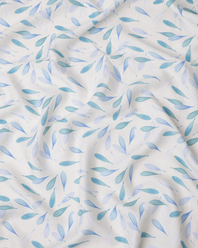 White Pure Linen Leaf Printed Fabric with Blue and Teal Abstract Design, 140 cms Width, Made in India-D25074