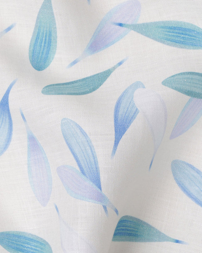 White Pure Linen Leaf Printed Fabric with Blue and Teal Abstract Design, 140 cms Width, Made in India-D25074