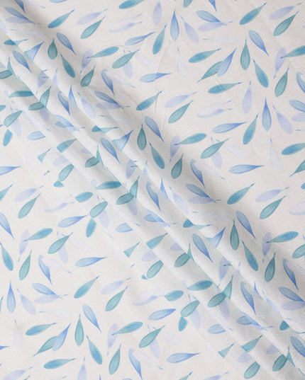 قماش كتان أبيض نقي مطبوع عليه أوراق الشجر بتصميم تجريدي باللونين الأزرق والأزرق المخضر، عرض 140 سم، صنع في الهند - D25074