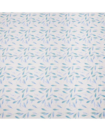 قماش كتان أبيض نقي مطبوع عليه أوراق الشجر بتصميم تجريدي باللونين الأزرق والأزرق المخضر، عرض 140 سم، صنع في الهند - D25074