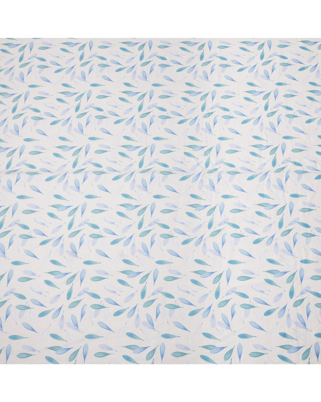 White Pure Linen Leaf Printed Fabric with Blue and Teal Abstract Design, 140 cms Width, Made in India-D25074