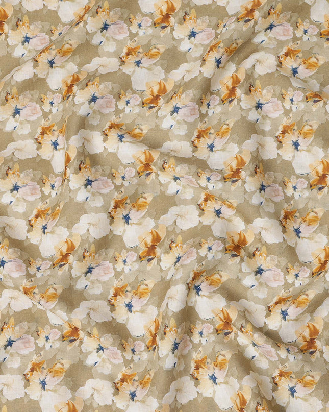 Beige Pure Linen Floral Printed Fabric with Yellow and White Blossom Design, 140 cms Width, Made in India-D25070