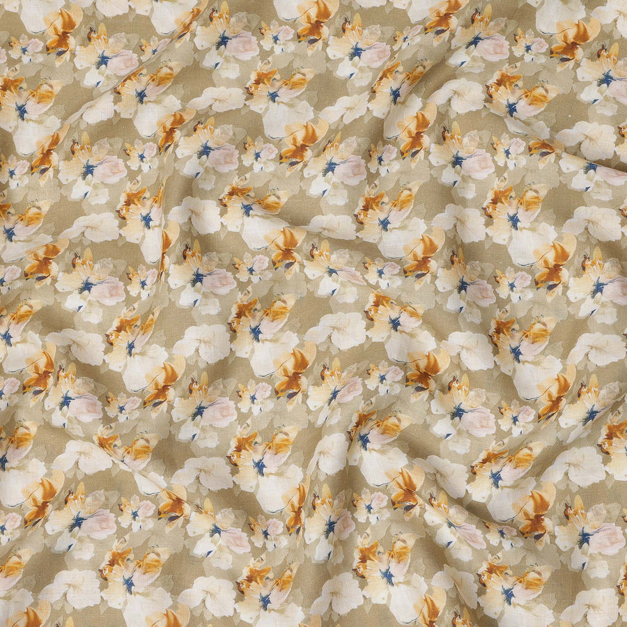 Beige Pure Linen Floral Printed Fabric with Yellow and White Blossom Design, 140 cms Width, Made in India-D25070