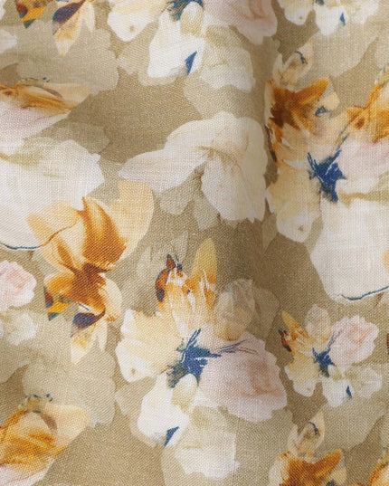 Beige Pure Linen Floral Printed Fabric with Yellow and White Blossom Design, 140 cms Width, Made in India-D25070