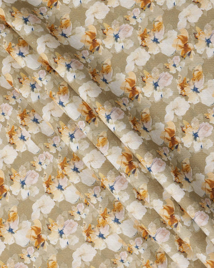 Beige Pure Linen Floral Printed Fabric with Yellow and White Blossom Design, 140 cms Width, Made in India-D25070