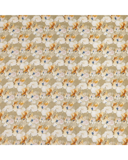 Beige Pure Linen Floral Printed Fabric with Yellow and White Blossom Design, 140 cms Width, Made in India-D25070