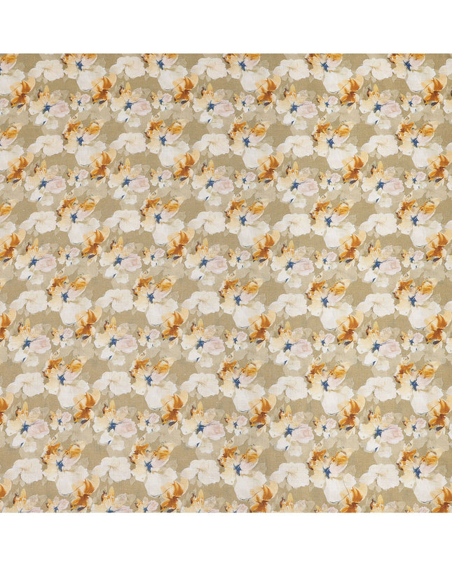 Beige Pure Linen Floral Printed Fabric with Yellow and White Blossom Design, 140 cms Width, Made in India-D25070