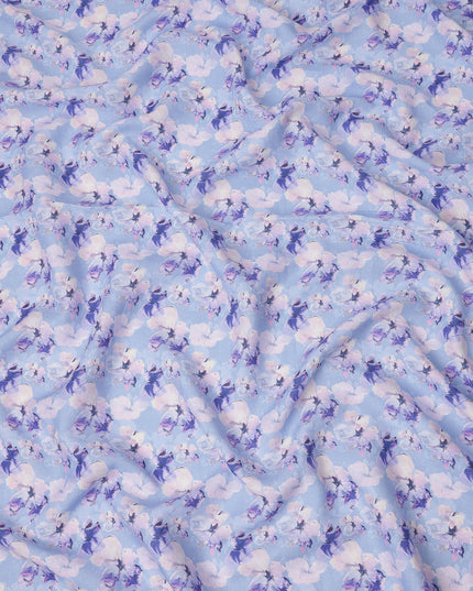 Light Purple Pure Linen Floral Printed Fabric with Purple and White Blossom Design, 140 cms Width, Made in India-D25068