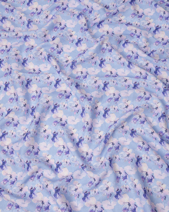 Light Purple Pure Linen Floral Printed Fabric with Purple and White Blossom Design, 140 cms Width, Made in India-D25068