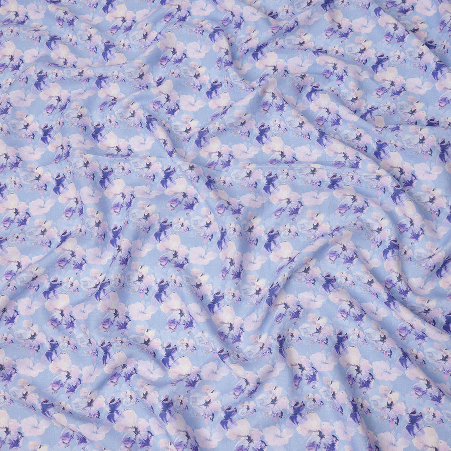 Light Purple Pure Linen Floral Printed Fabric with Purple and White Blossom Design, 140 cms Width, Made in India-D25068