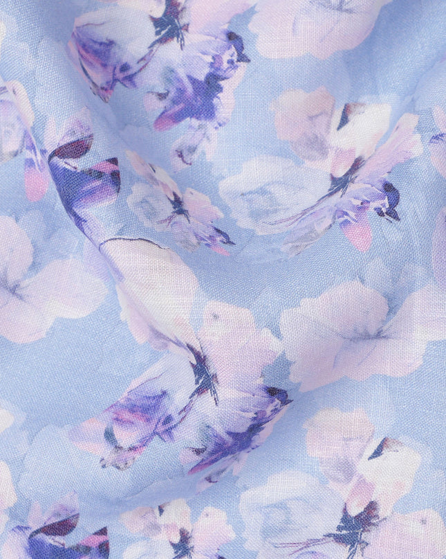 Light Purple Pure Linen Floral Printed Fabric with Purple and White Blossom Design, 140 cms Width, Made in India-D25068