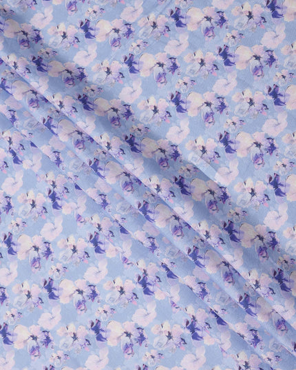 Light Purple Pure Linen Floral Printed Fabric with Purple and White Blossom Design, 140 cms Width, Made in India-D25068