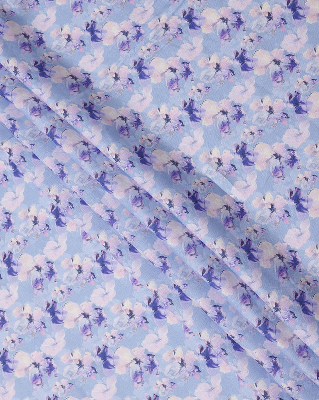 Light Purple Pure Linen Floral Printed Fabric with Purple and White Blossom Design, 140 cms Width, Made in India-D25068