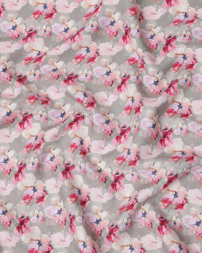 Grey Pure Linen Floral Printed Fabric with Pink and White Blossom Design, 140 cms Width, Made in India-D25069