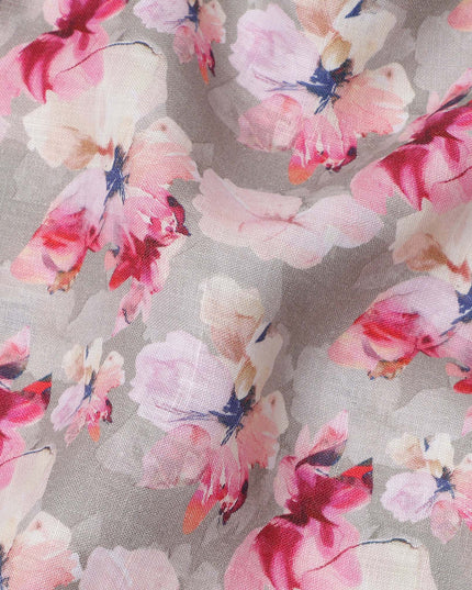 قماش كتان رمادي نقي مطبوع عليه زهور بتصميم زهور وردية وبيضاء، عرض 140 سم، صنع في الهند - D25069