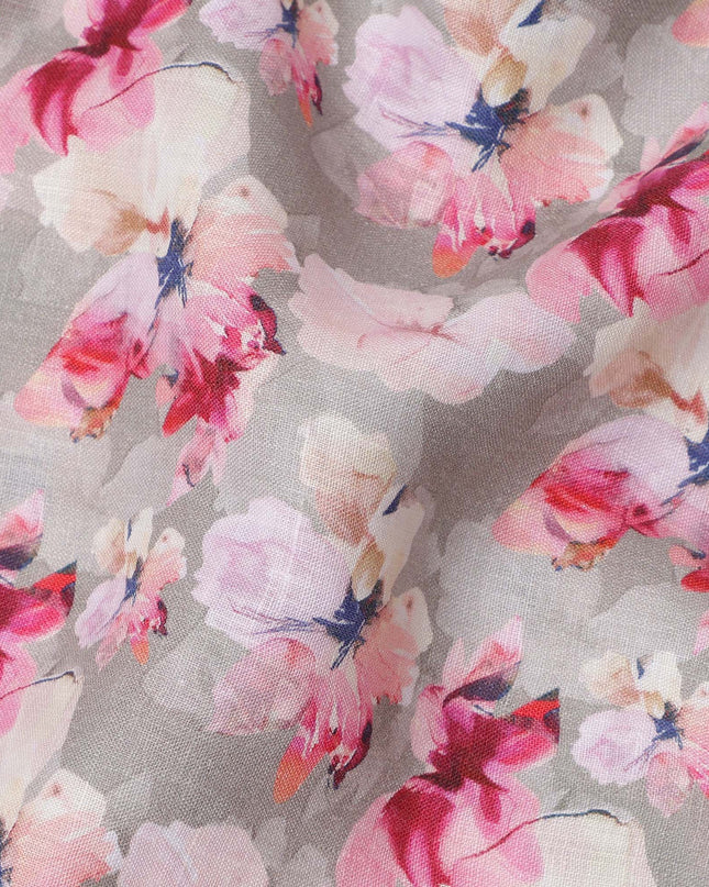 Grey Pure Linen Floral Printed Fabric with Pink and White Blossom Design, 140 cms Width, Made in India-D25069
