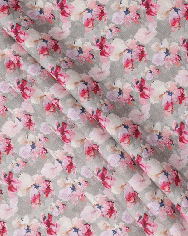Grey Pure Linen Floral Printed Fabric with Pink and White Blossom Design, 140 cms Width, Made in India-D25069