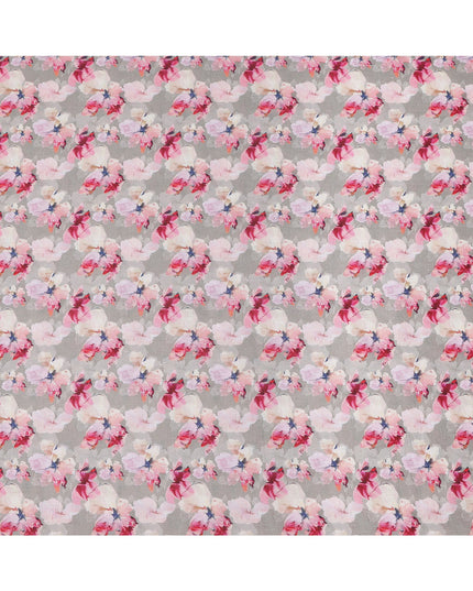 قماش كتان رمادي نقي مطبوع عليه زهور بتصميم زهور وردية وبيضاء، عرض 140 سم، صنع في الهند - D25069