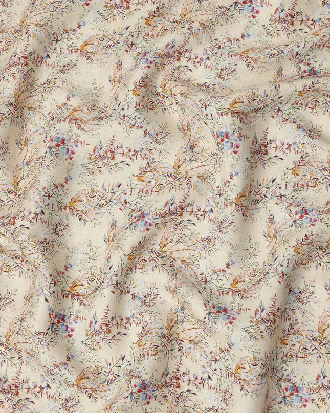 Beige Pure Linen Floral Vine Printed Fabric with Multicolor Leafy Design, 140 cms Width, Made in India-D25076