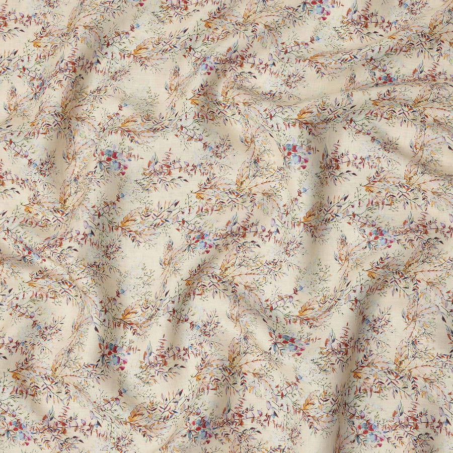 قماش كتان بيج نقي مطبوع عليه زهور كرمة بتصميم أوراق متعدد الألوان، عرض 140 سم، صنع في الهند - D25076