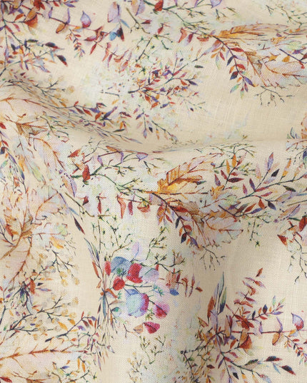 قماش كتان بيج نقي مطبوع عليه زهور كرمة بتصميم أوراق متعدد الألوان، عرض 140 سم، صنع في الهند - D25076